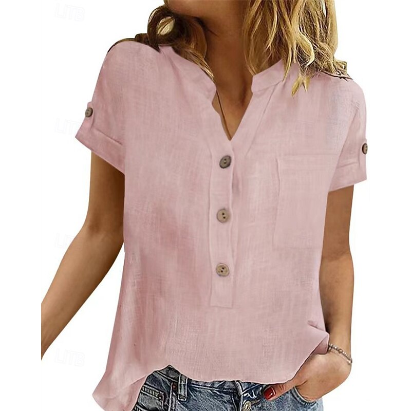 Women's Shirt Linen Shirt Cotton Linen Shirts Plain Daily Stylish Basic Short Sleeve Shirt Collar Regular Tops Work Daily Holiday Buttons Pink Blue Rose Pink Summer2