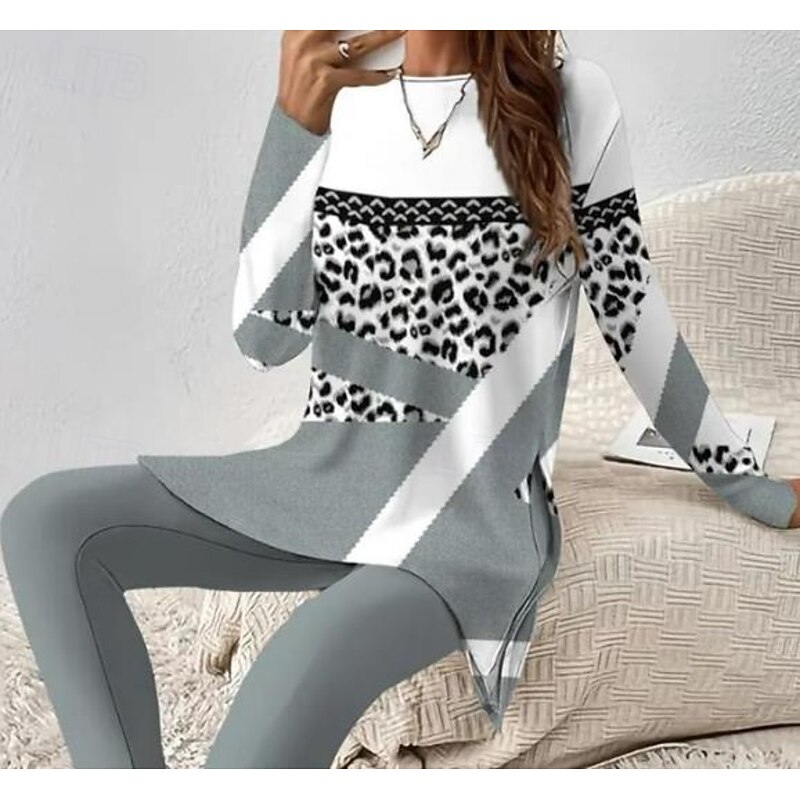 Women's Pajama Set Loungewear Round Neck Long Sleeve Casual Sleepwear Fashion Pants Sets Pants Trousers Color Block Print Daily Dark Grey Regular Fit3