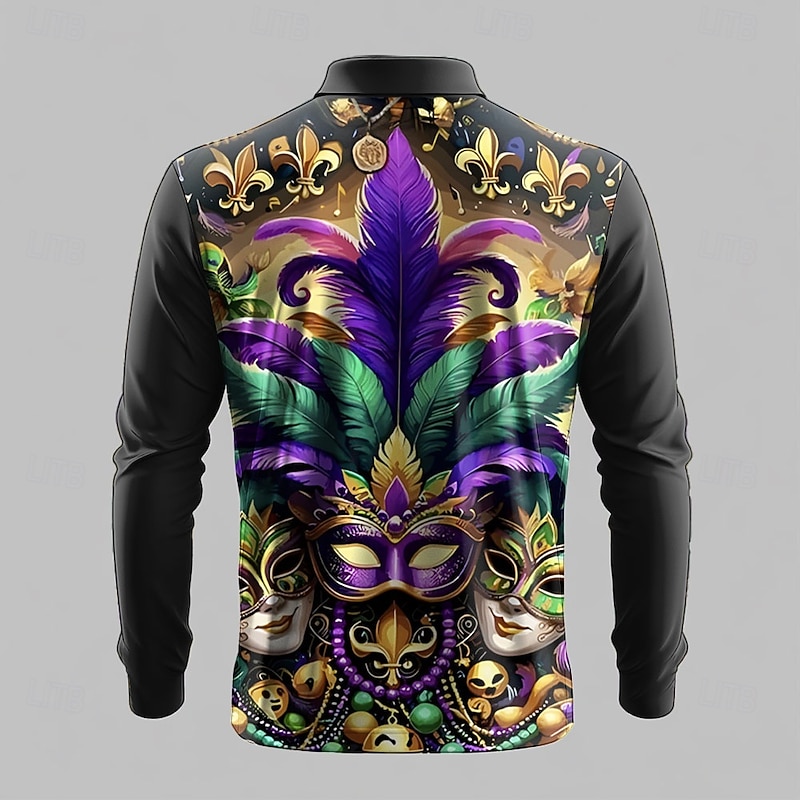 Carnival Men's Mask Polo Long Sleeve Polo Shirts Collared Shirts Vintage Festival Outfit 3D Print Spring Fall Winter Black2