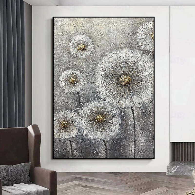 Handmade Oil Painting Canvas Acrylic Wall Art Decoration Abstract Gray Texture Dandelion Flowers for Living Room Home Decor Rolled Frameless Unstretched Painting