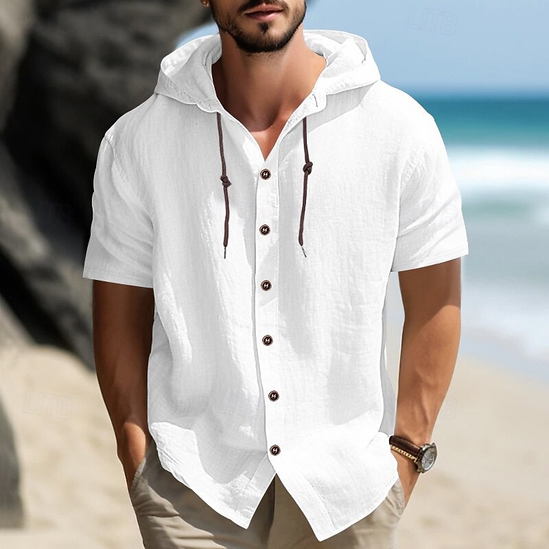 Men's Shirt Linen Shirt Casual Shirt Button Up Shirt Plain Vacation Street Black White Blue Khaki Short Sleeve Hooded Summer Clothing Apparel Adjustable Drawstring Hood