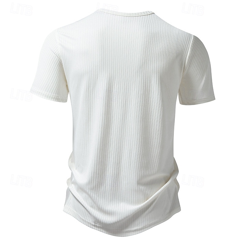 Men's Henley Shirt Tee Rib Knit Top Muscle Shirt Short Sleeve Solid Color Plain Knitwear Casual Buttons Pit Strip Henley Vacation Casual Daily Summer Spring &  Fall Black White Burgundy Henley T-Shirt4