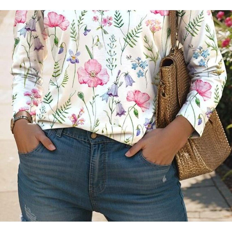 Women's T Shirt V Neck Long Sleeve Tunic Floral Fashion Modern Casual Regular Tops Daily Weekend Print Black White Pink Blue Green Fall Winter3