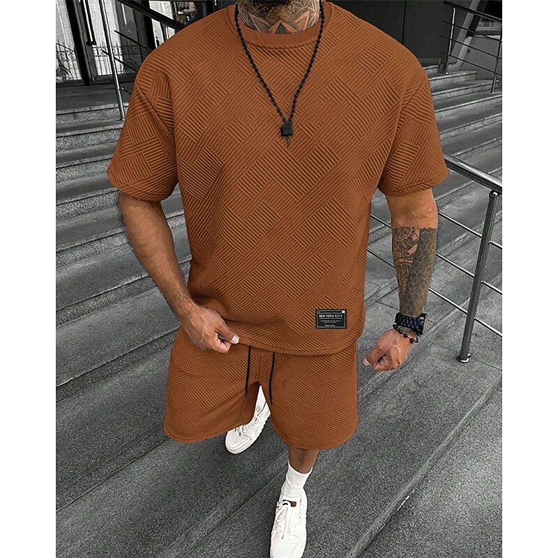 Men's Jacquard Tracksuit T shirt & Shorts Set Outfit Set Crew Neck Outdoor Daily Sports Pocket Drawstring 2 Piece Plain Black White Light Green Polyester Activewear Classic Casual Summer3