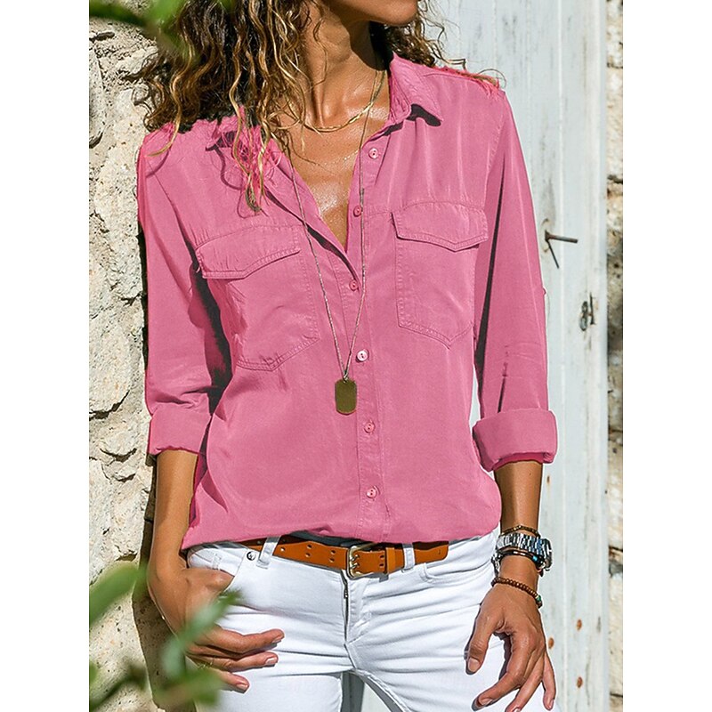 Women's Shirt Blouse Solid Color Stylish Casual Long Sleeve Shirt Collar Regular Tops Daily Buttons Black Rose Pink Gray Summer Spring Fall