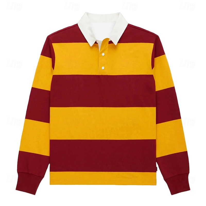 Men's Stripes Rugby Polo Long Sleeve Polo Shirts Collared Shirts Casual School Outdoor Athleisure 3D Print Spring Fall Winter Red Blue Orange3