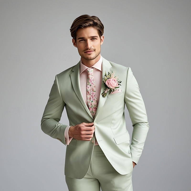Men's Wedding Prom Suits Notch Lapel Light Green Fashion Formal Solid Colored Tailored Fit 2 Piece Single Breasted Two-buttons
