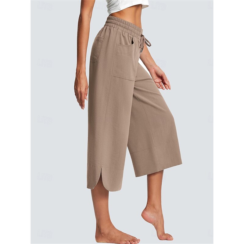 Women's Wide Leg Chinos Fashion Streetwear Calf-Length High Waist Plain Pocket Elastic Waistband Comfy Soft Comfortable Micro-elastic Outdoor Street Navy-blue Army Green Black Blue Summer Spring4