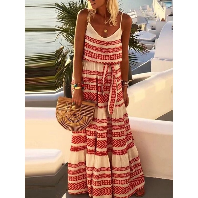 Women's Maxi Dress Casual Dress Slip Dress Boho Dress Bohemia Casual Vacation Daily Regular Fit Geometric Sleeveless Strap Black Red Green Summer - Main Image