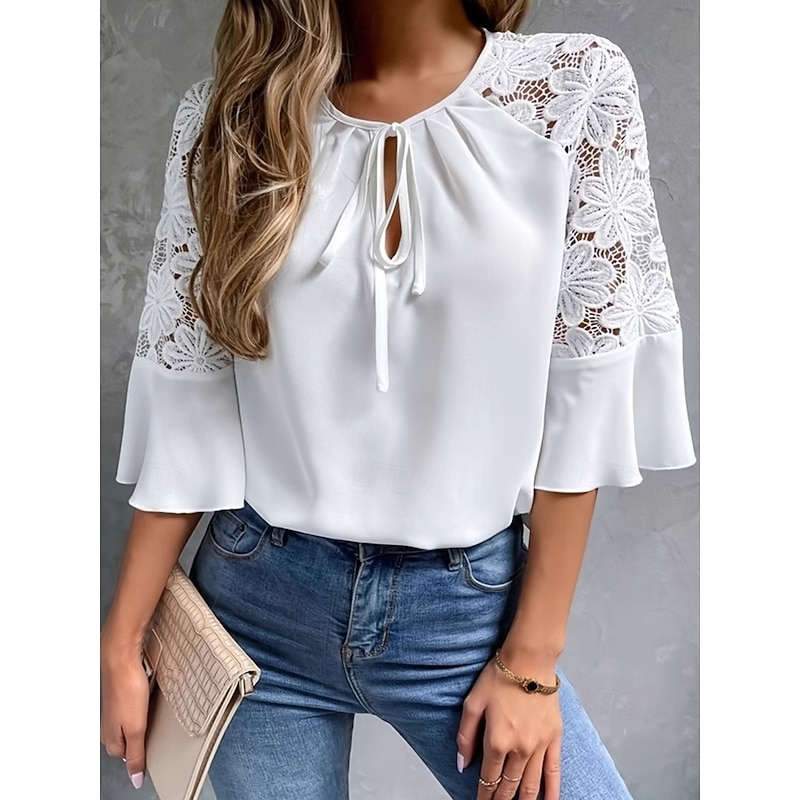 Women's Shirt Blouse Solid Color Basic Casual Half Sleeve Crew Neck Regular Tops Wedding Guest Work Daily Lace White Summer Spring