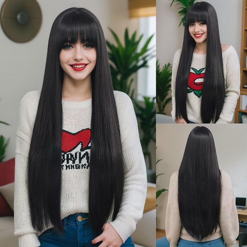 Synthetic Wig kinky Straight Yaki Straight Layered Haircut With Bangs Machine Made Wig 32 inches A1 Synthetic Hair Women's Classic Comfortable Color Gradient Black