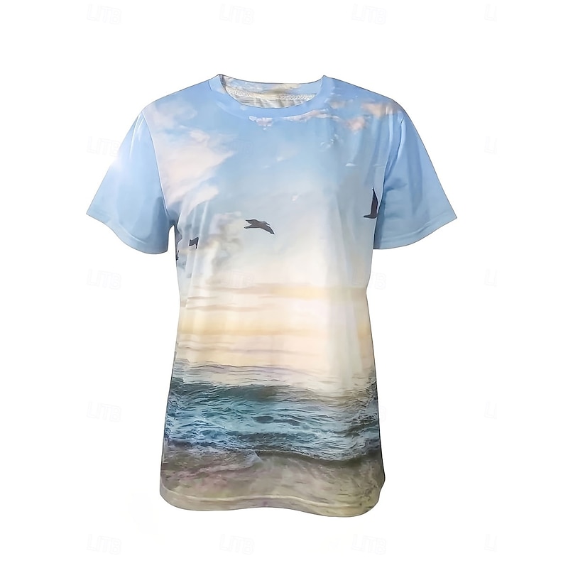 Women's T Shirt Ocean Casual Short Sleeve Round Neck Regular Tops Daily Print Blue Summer2