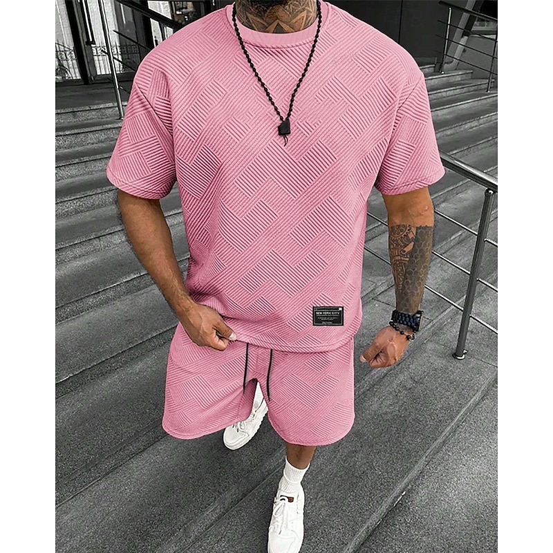 Men's Jacquard Tracksuit T shirt & Shorts Set Outfit Set Crew Neck Outdoor Daily Sports Pocket Drawstring 2 Piece Plain Black White Light Green Polyester Activewear Classic Casual Summer2