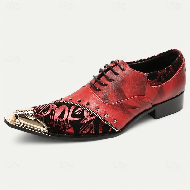 Men's Premium Red Leather Dress Shoes with Gold Tip Artistic Print and Studded Detail–Stylish Formal Footwear for Special Occasions3