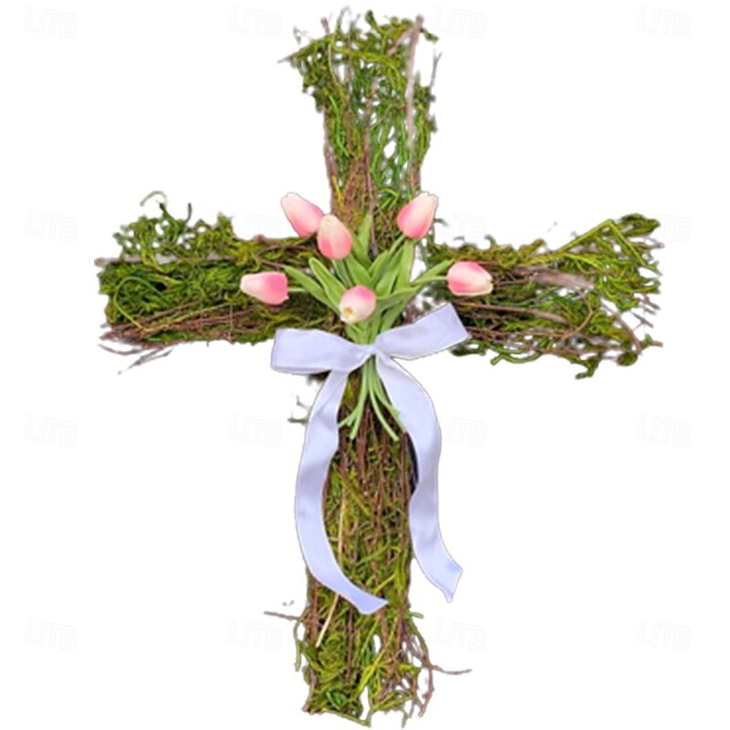 Cross Wreath Cross Sign with Artificial Cross Sign Door Hanger Easter Cross Wreaths for Front Door Spring Decorations for Door Wall, Cross Sign4