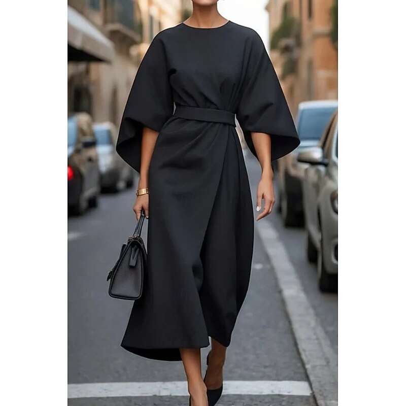 Women's Long Dress Maxi Dress Maxi Dress Elegant Dress Elegant Batwing Sleeve Regular Fit Solid Color 3/4 Length Sleeve Crew Neck Black Wine Purple Brown Fall3