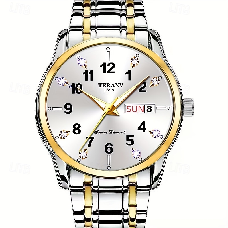 Digital New Diamond-Studded Alloy Steel Band Men'S Business Quartz Watch Luminous Dual Calendar Round Dial Waterproof Rating Ipx7 Multi-Functional Fashion Watch Suitable For Travel Gift4