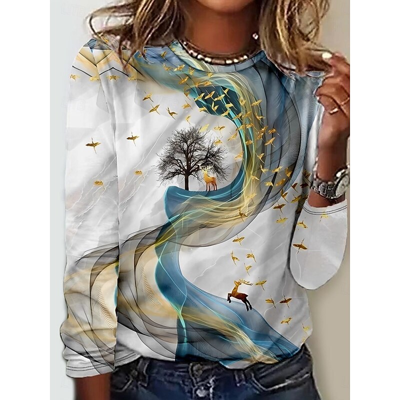Women's T shirt Crew Neck Long Sleeve Tunic Floral Scenery Elegant Vintage  Regular Tops Daily Going out Weekend Print White Gray4
