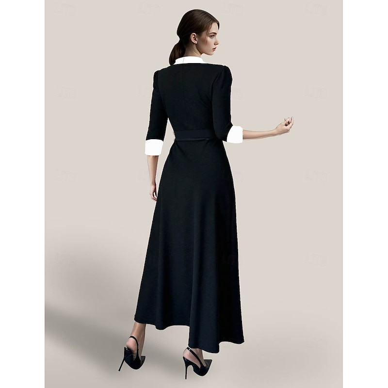 Tuxedo Dress A-Line Wedding Guest Stretch Crepe Elegant 3/4 Length Sleeve Asymmetrical Ankle Length V Neck2
