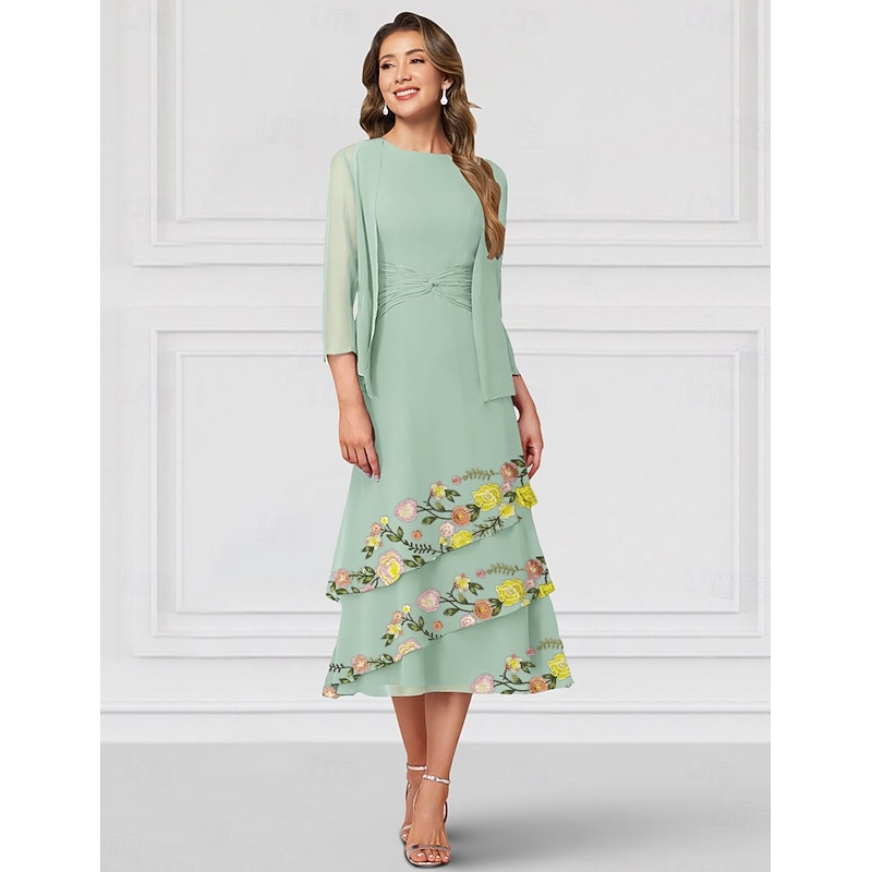 Two Piece A-Line Mother of the Bride Dress Elegant Crew Neck Floor Length Chiffon Long Sleeve Wrap Included with Lace Ruffles Tier Derby Dress2