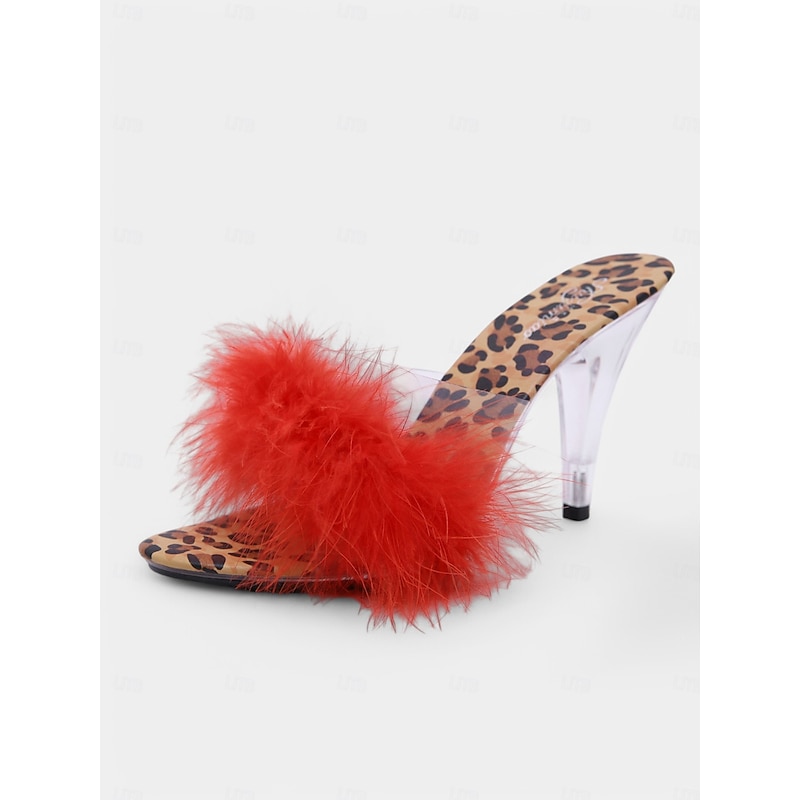 Women's Leopard Print Heeled Mules with Red Fluffy Feathers – Sexy & Playful Open-Toe Slip-Ons2