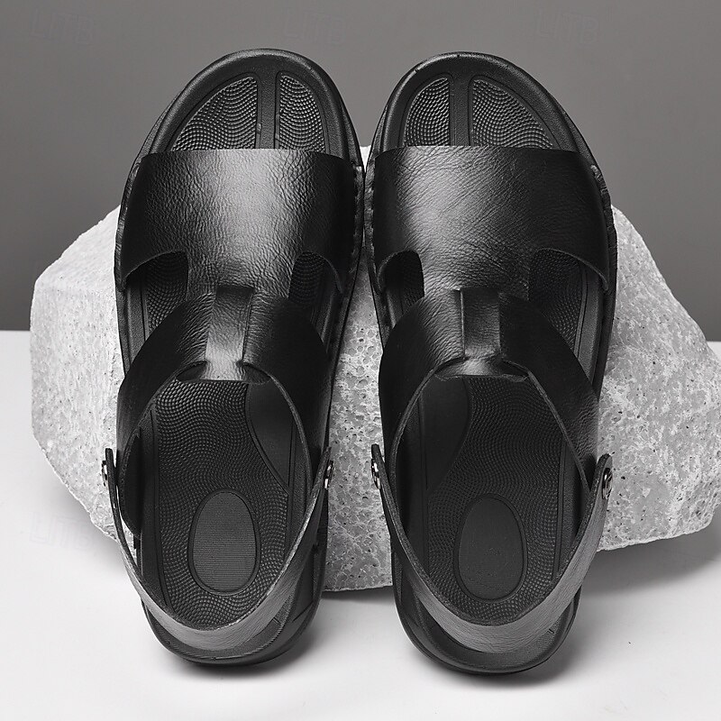 Men's Black Leather Sandals with Adjustable Strap, Stylish Cross-Design for Casual, Outdoor and Summer Wear2