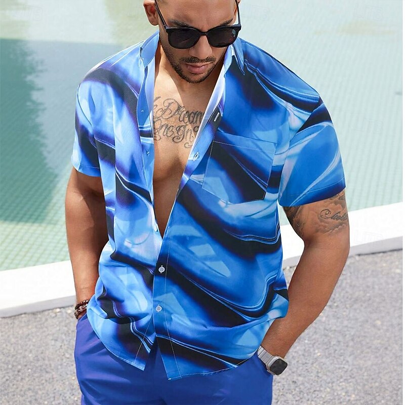 Men's Ocean Waves Summer Hawaiian Shirt Button Up Shirt Short Sleeve Hawaiian Resort Vacation Holiday Beach Wear Summer Spring Turndown Collared Shirts Blue