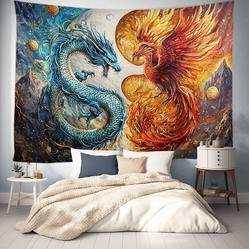 Fantasy Hanging Tapestry Phenix Dragon Wall Art Large Tapestry Mural Decor Photograph Backdrop Blanket Curtain Home Bedroom Living Room Decoration