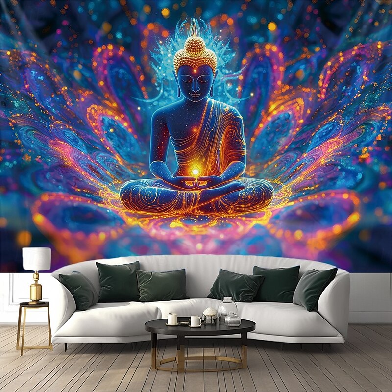 Blacklight Tapestry Glow in the Dark Glow Party UV Reactive Trippy Misty Buddha Nature Landscape Hanging Tapestry Wall Art Mural for Living Room Bedroom2