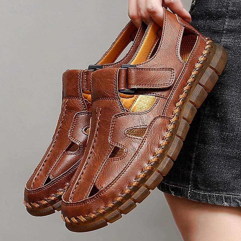 Men's Brown Faux Leather Fisherman Sandals with Velcro Strap, Breathable Design and Comfortable Sole for Summer, Outdoor Activities and Beach Wear2