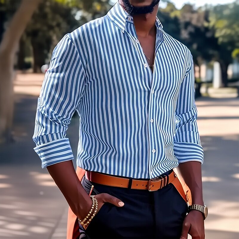 Men's Geometric Striped Shirt Button Up Shirt Long Sleeve Fashion Casual Formal Vacation Dailywear Summer Spring Turndown 3D Print Collared Shirts Red Blue Green Dark Blue2