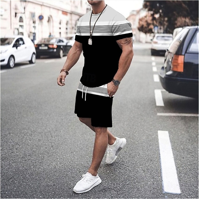 Men's T-shirt Suits Tee & Drawstring Waist Shorts 2 Pieces Outfits Tee & Shorts Short Sleeve Crewneck Summer Color Block Stripes Fashion Casual 2 Piece Vacation Daily Wear Going out Black Green Red