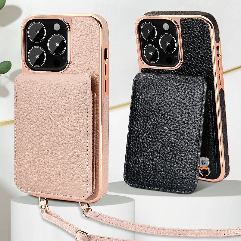 Phone Case For iPhone 16 15 14 Pro Max Plus 13 Pro Max Back Cover with Stand Holder Magnetic with Lanyard Retro Plating PU Leather2