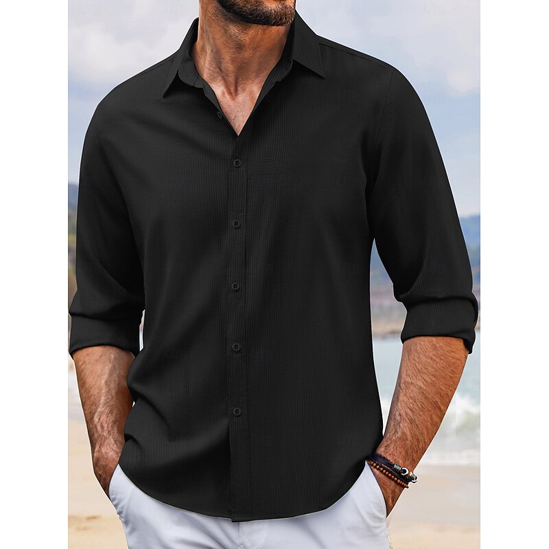 Men's Summer Shirt Casual Shirt Beach Shirt Button Up Shirt Black White Dark Navy Sky Blue Green Long Sleeve Plain Stripes Lapel Vacation Holiday Button-Down Clothing Apparel Polyester Fashion Casual4
