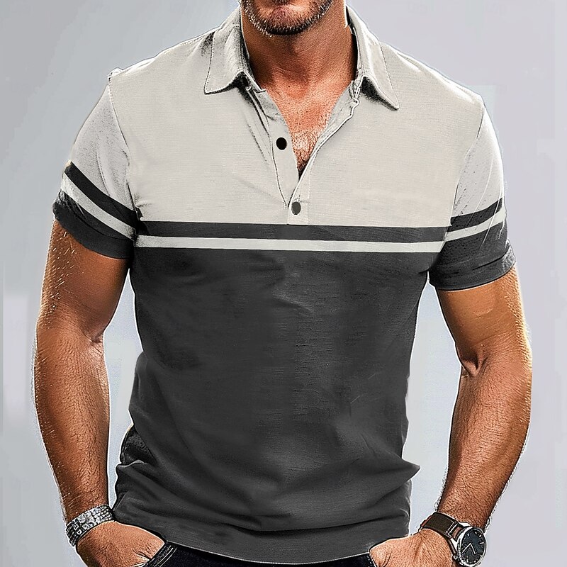 Men's Striped Rugby Polo Short Sleeve Polo Shirts Collared Shirts Casual School Outdoor Sports Daily Wear 3D Print Summer Spring Fall Blue Green Gray3