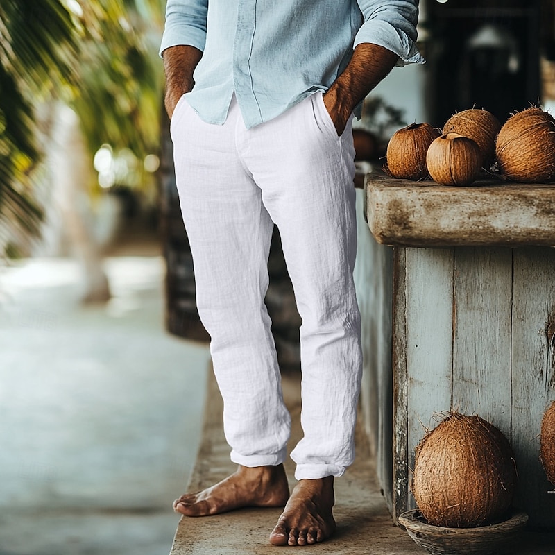 Men's Linen Pants Trousers Summer Pants Beach Pants Pocket Elastic Waist Drawstring Plain Comfort Breathable Full Length Outdoor Daily Holiday Fashion Retro Vintage Black White Micro-elastic