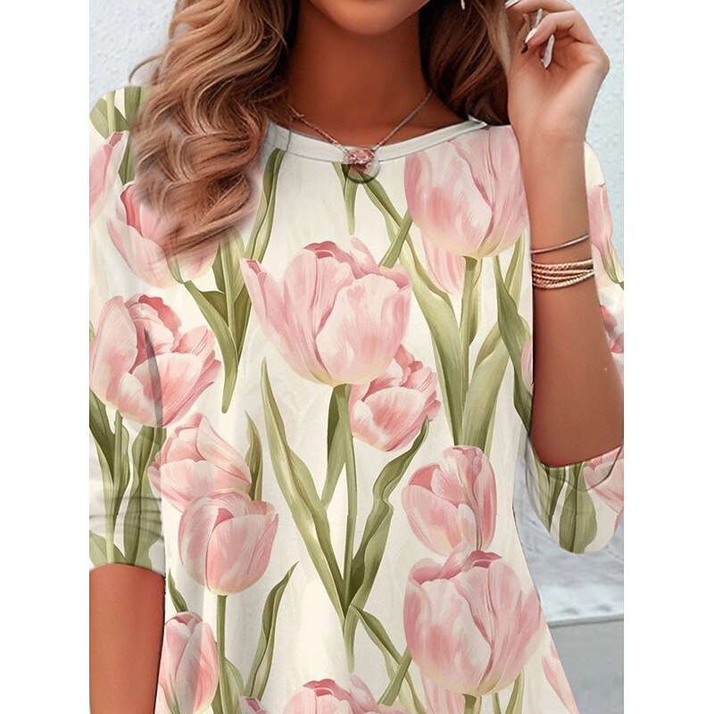 Women's T shirt Long Sleeve Crew Neck Long Sleeve Tunic Floral Casual Regular Tops Daily Print Pink Spring Fall Prefall2