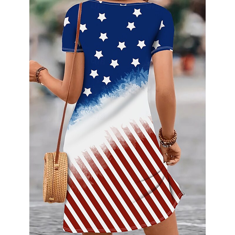 Women's Patriotic  Dress Mini Dress Casual Dress Stylish Casual Daily Regular Fit Flag Red White And Blue Short Sleeve Crew Neck Blue Summer2