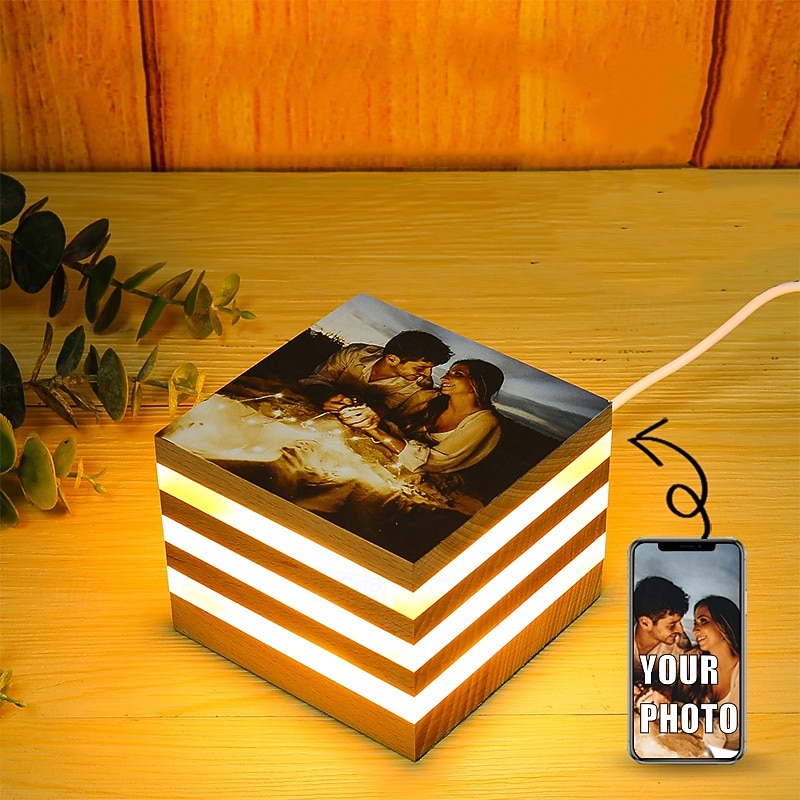 Personalized Wooden Square Night Light – Light Up Photo Frame Customized Wedding Photo, Unique Gift Perfect for Couples & Family