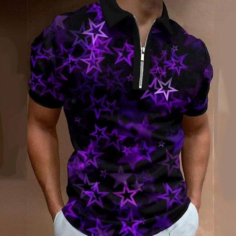 Men's Geometric Star Zip Polo Short Sleeve Turndown Casual Daily Outdoor Dailywear Athleisure Zipper Summer Violet Red Blue