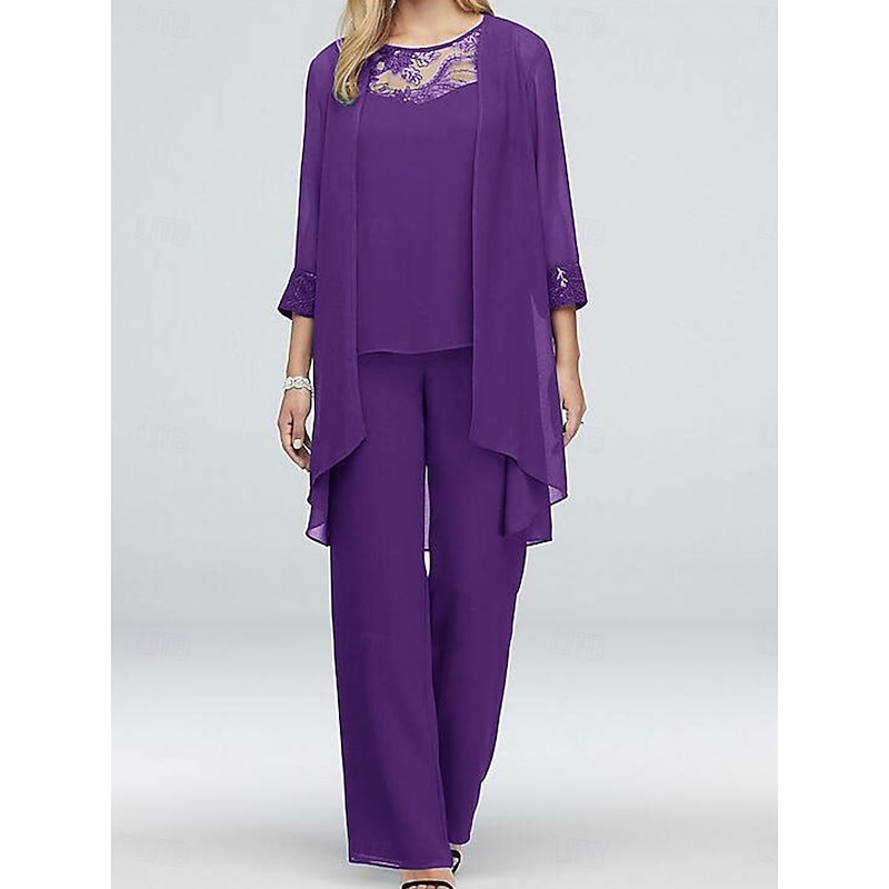 Pantsuit Mother of the Bride  Elegant Casual Jewel Neck Floor Length Polyester Long Sleeve with Lace