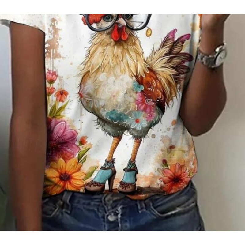 Women's T Shirt Animal Rooster Elegant Fashion Stylish Short Sleeve Round Neck Regular Tops Daily Going out Weekend Print White Summer3