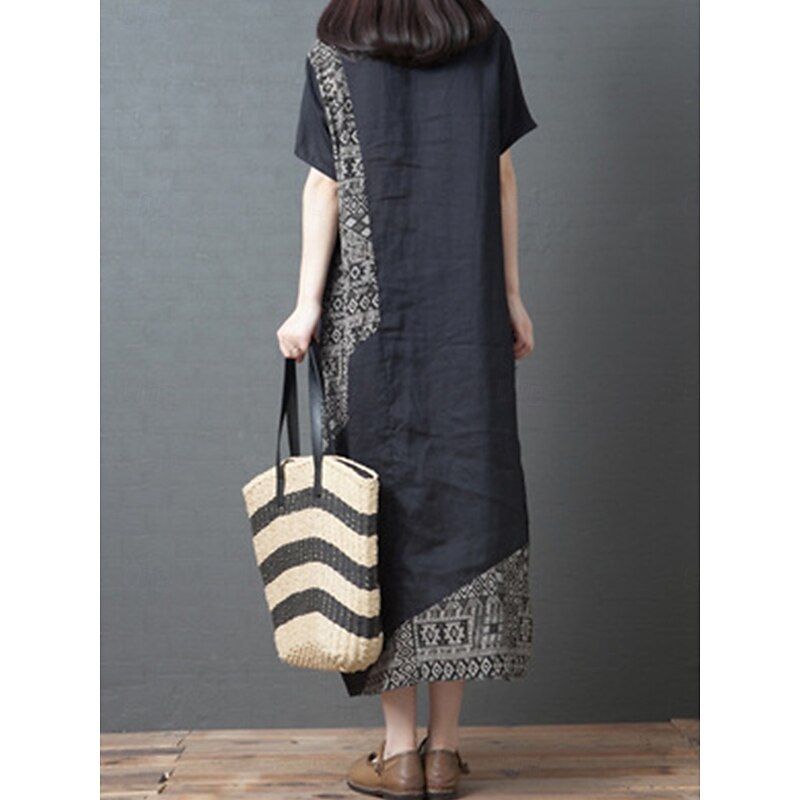 Women's Maxi Dress Casual Dress Cotton Linen Dress A Line Dress Basic Casual Vacation Daily Regular Fit Graphic Short Sleeve Crew Neck Black Summer4