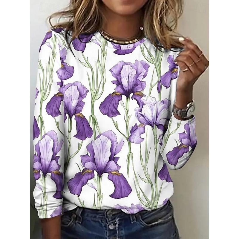 Women's T shirt Long Sleeve Crew Neck Long Sleeve Tunic Floral Elegant Vintage Regular Tops Daily Going out Weekend Print Purple Prefall