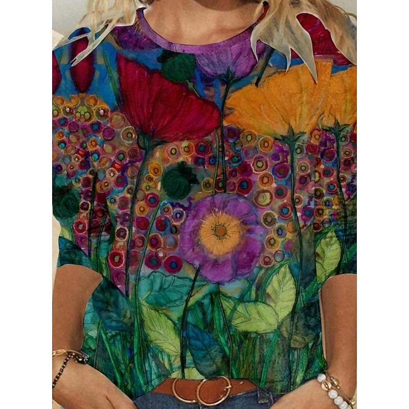 Women's T shirt Crew Neck Long Sleeve Tunic Floral Graphic Casual  Regular Tops Daily Print Light Brown Spring Fall3