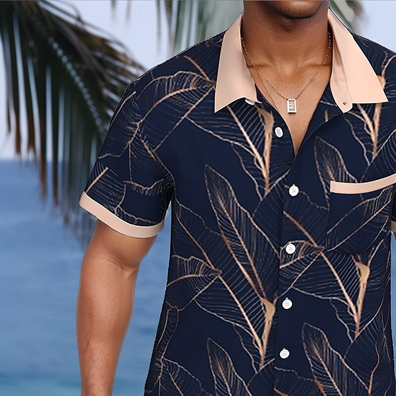 Men's Palm Leaf Tropical Plants Summer Hawaiian Shirt Button Up Shirt Short Sleeve Hawaiian Resort Vacation Holiday Beach Wear Summer Spring Turndown Collared Shirts Front One Pocket Dark Blue2