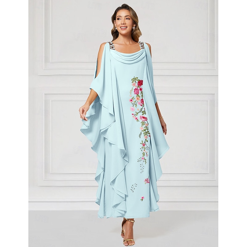 Floral Column Mother of the Bride Dress Elegant Plus Size Jewel Neck Floor Length Chiffon Half Sleeve with Beading Tier Cascading Ruffles