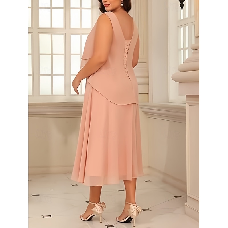 Two Piece A-Line Mother of the Bride Dress Elegant Vintage Jewel Neck Tea Length Chiffon 3/4 Length Sleeve with Beading2