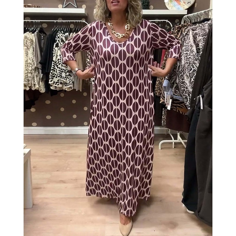 Women's Maxi Dress Casual Dress Stylish Casual Vacation Daily Regular Fit Geometric 3/4 Length Sleeve V Neck Black Wine Purple Green Summer4