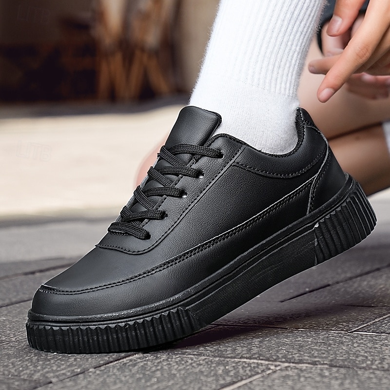 Men's Black Faux Leather Sneakers with Cushioned Sole, Comfortable Lace-Up Design for Casual and Daily Wear2